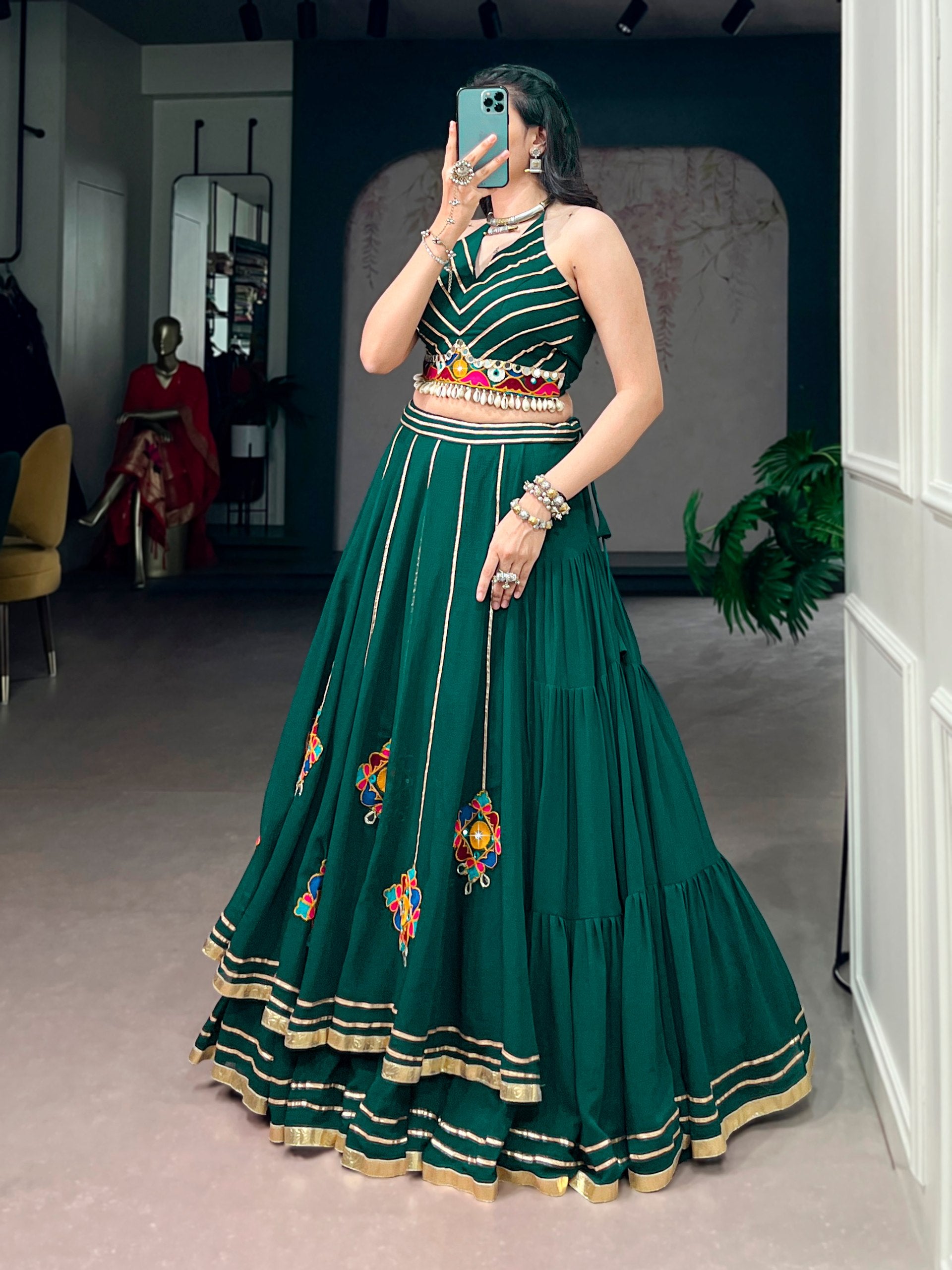 Green Color Lightweight Gamthi Work Navratri Lehenga Choli