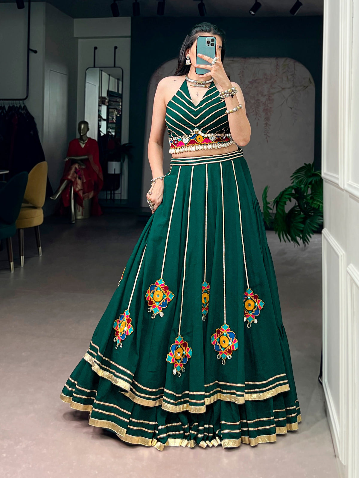 Green Lightweight Gamthi Work Navratri Lehenga Choli