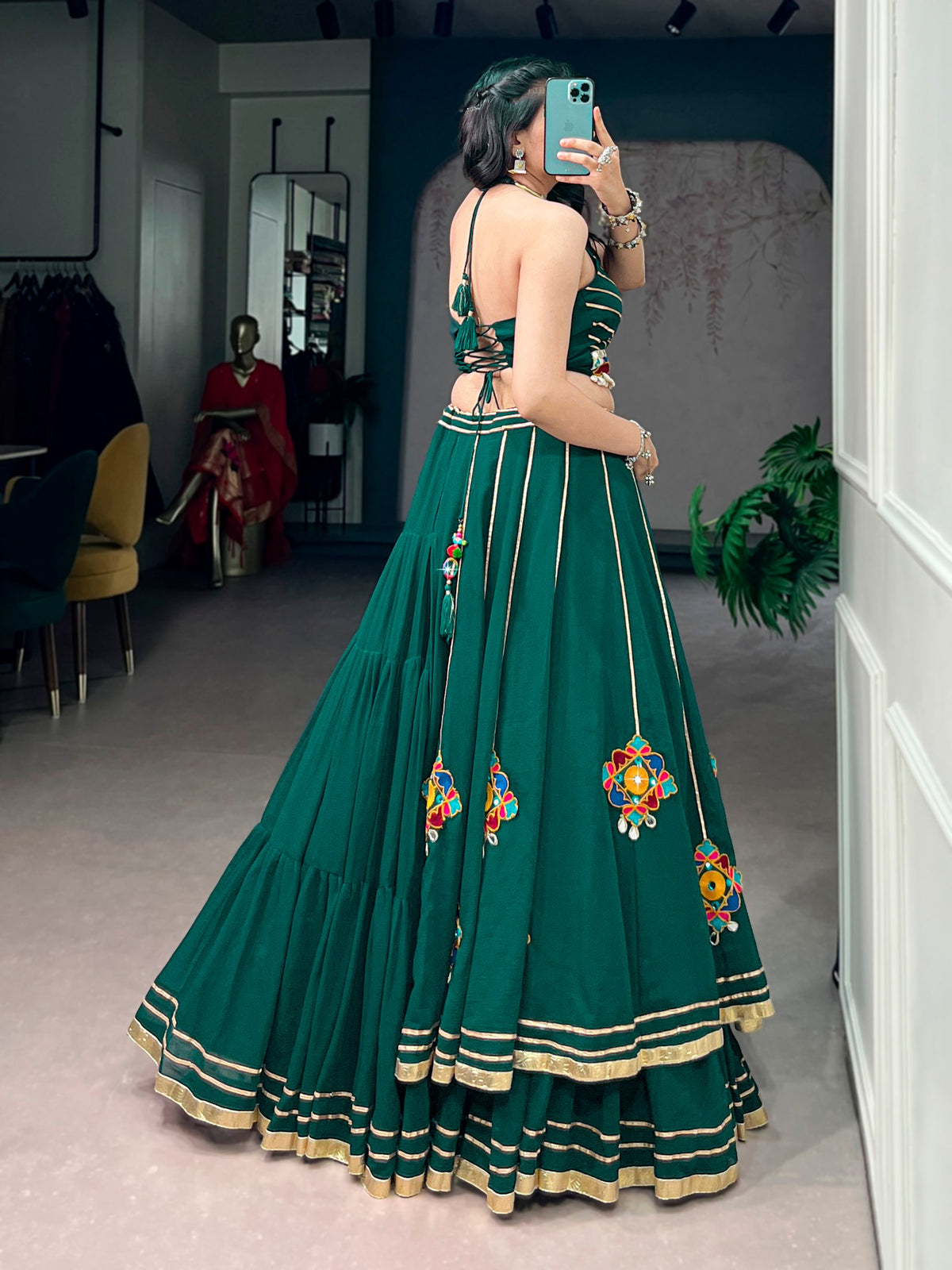 Green Lightweight Gamthi Work Navratri Lehenga Choli