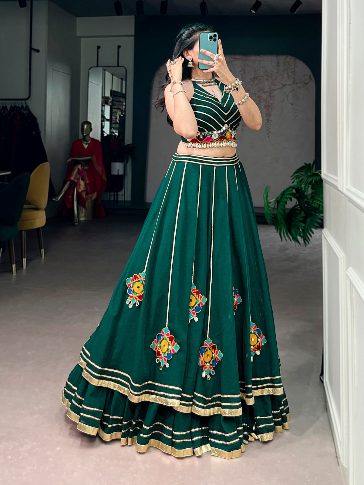 Green Lightweight Gamthi Work Navratri Lehenga Choli
