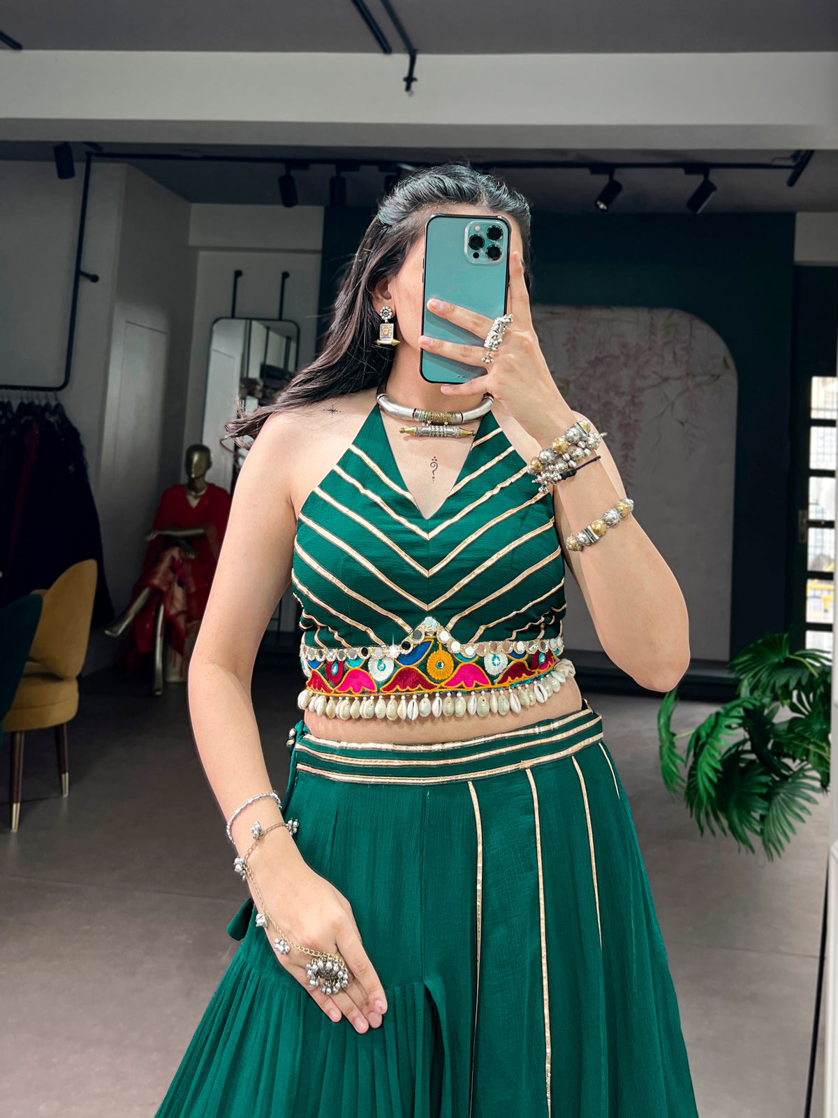 Green Lightweight Gamthi Work Navratri Lehenga Choli
