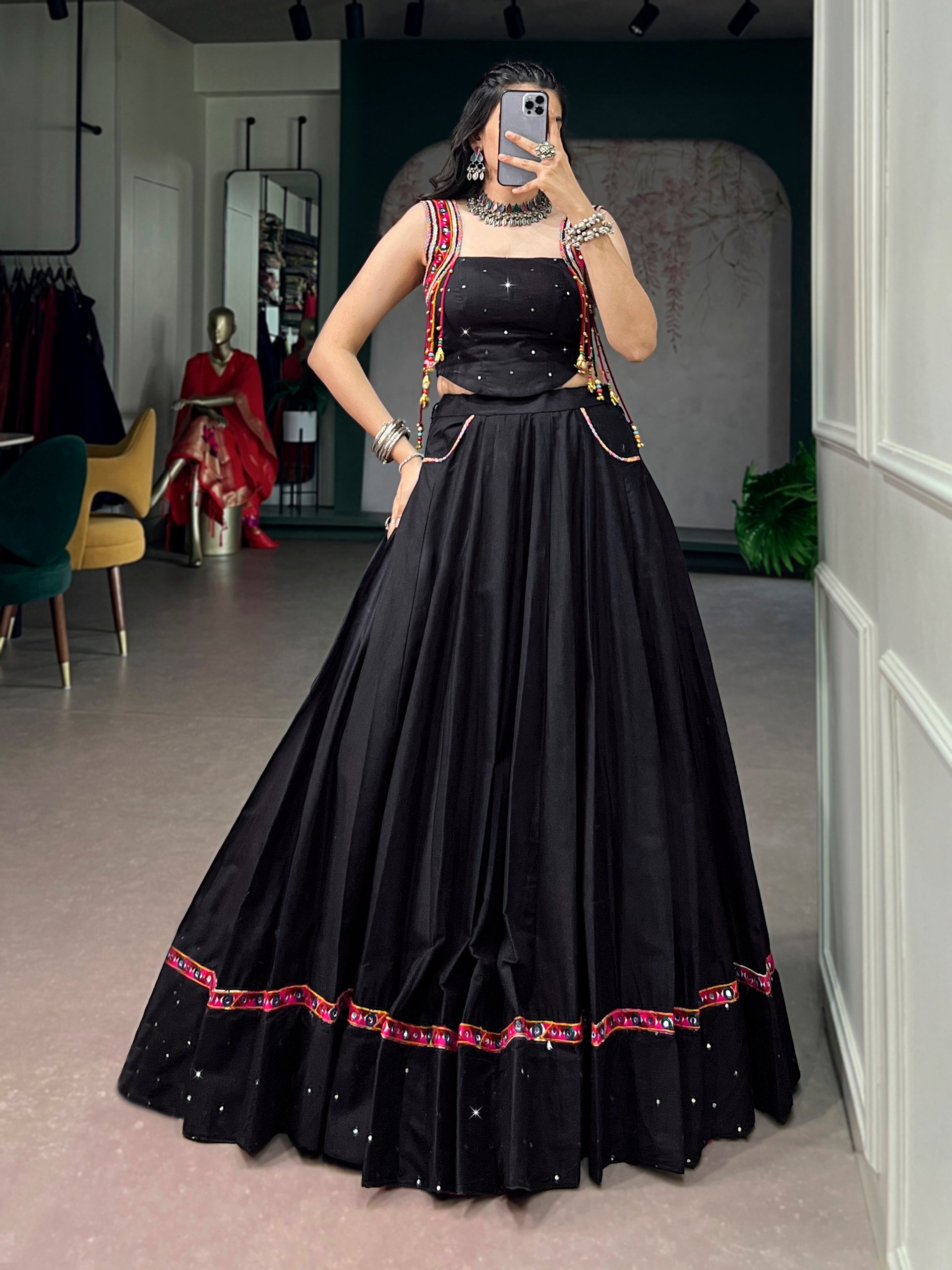 Black Color Pure Cottan  Mirror Work  Navratri Lehenga Choli