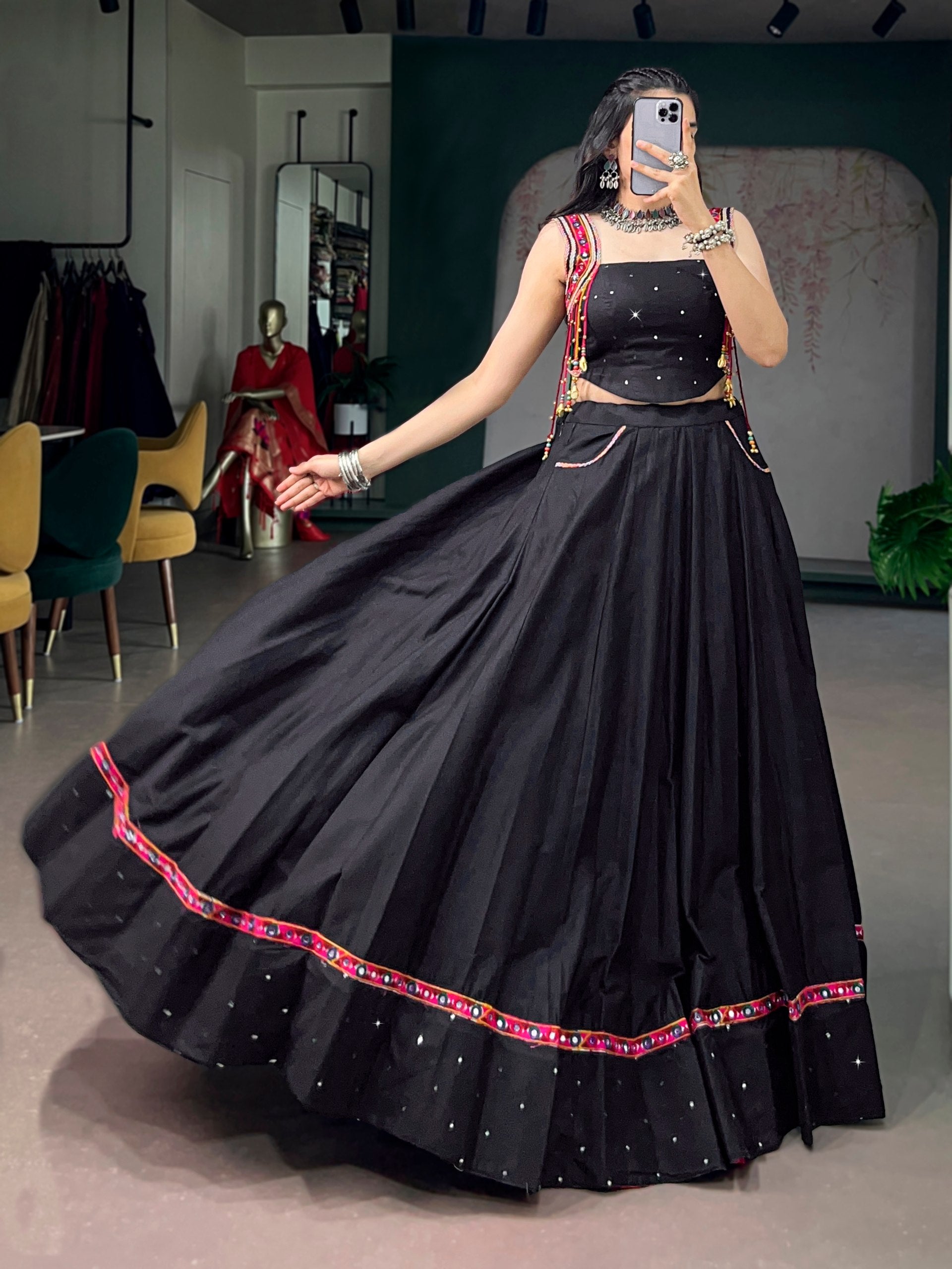 Black Color Pure Cottan  Mirror Work  Navratri Lehenga Choli
