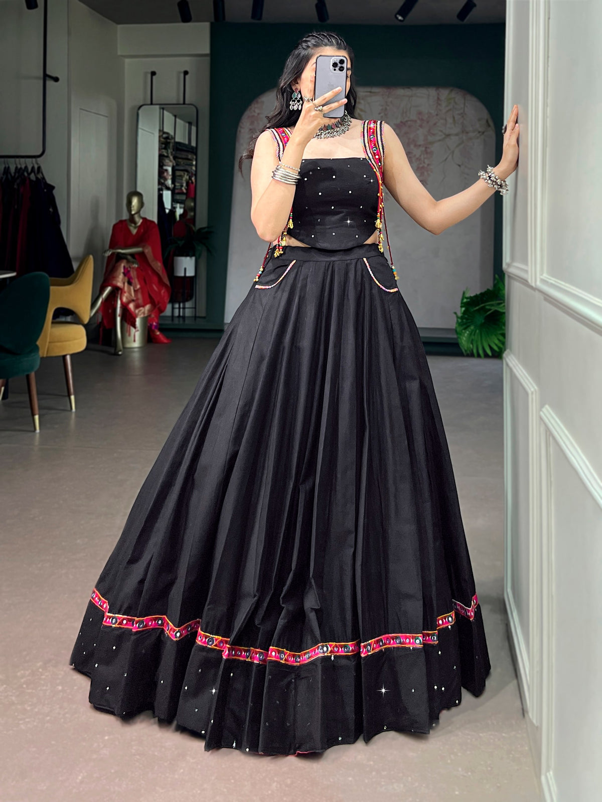Black Cottan Mirror Work Navratri Lehenga Choli