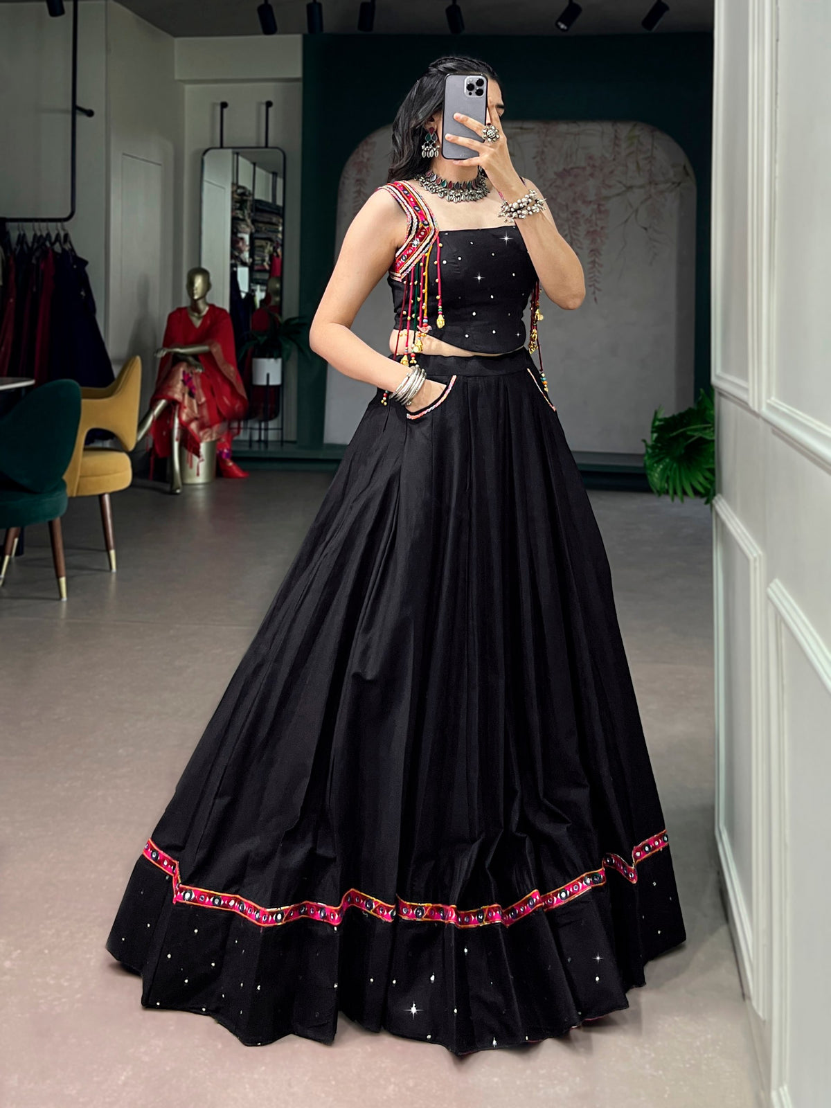 Black Cottan Mirror Work Navratri Lehenga Choli