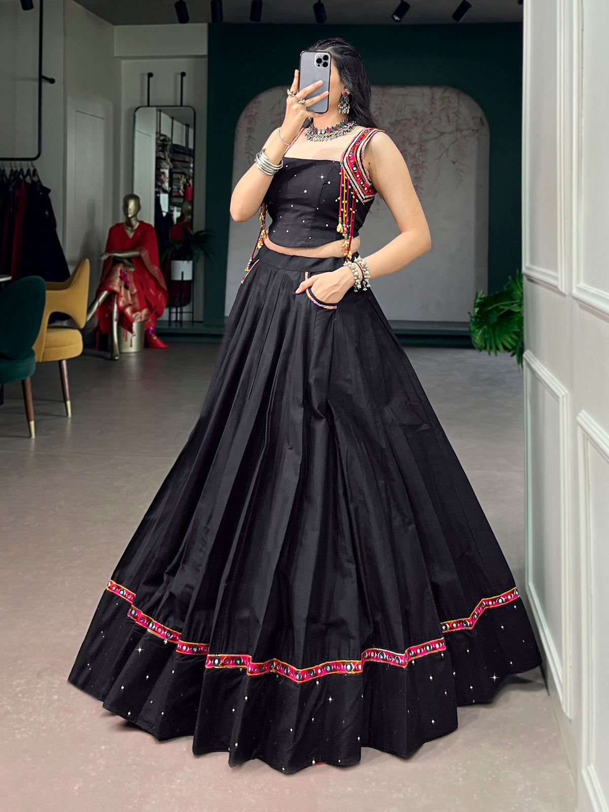 Black Cottan Mirror Work Navratri Lehenga Choli