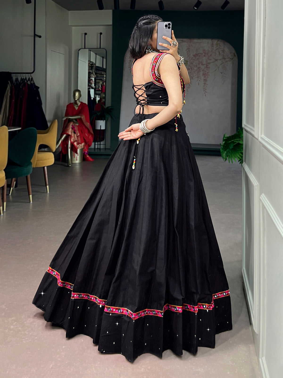 Black Cottan Mirror Work Navratri Lehenga Choli