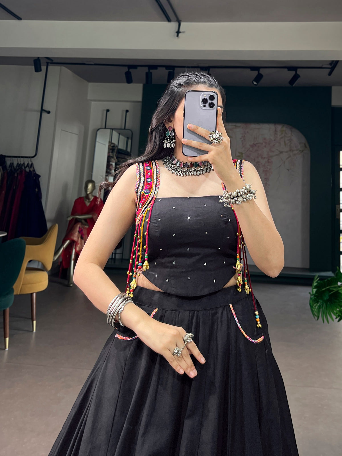 Black Cottan Mirror Work Navratri Lehenga Choli