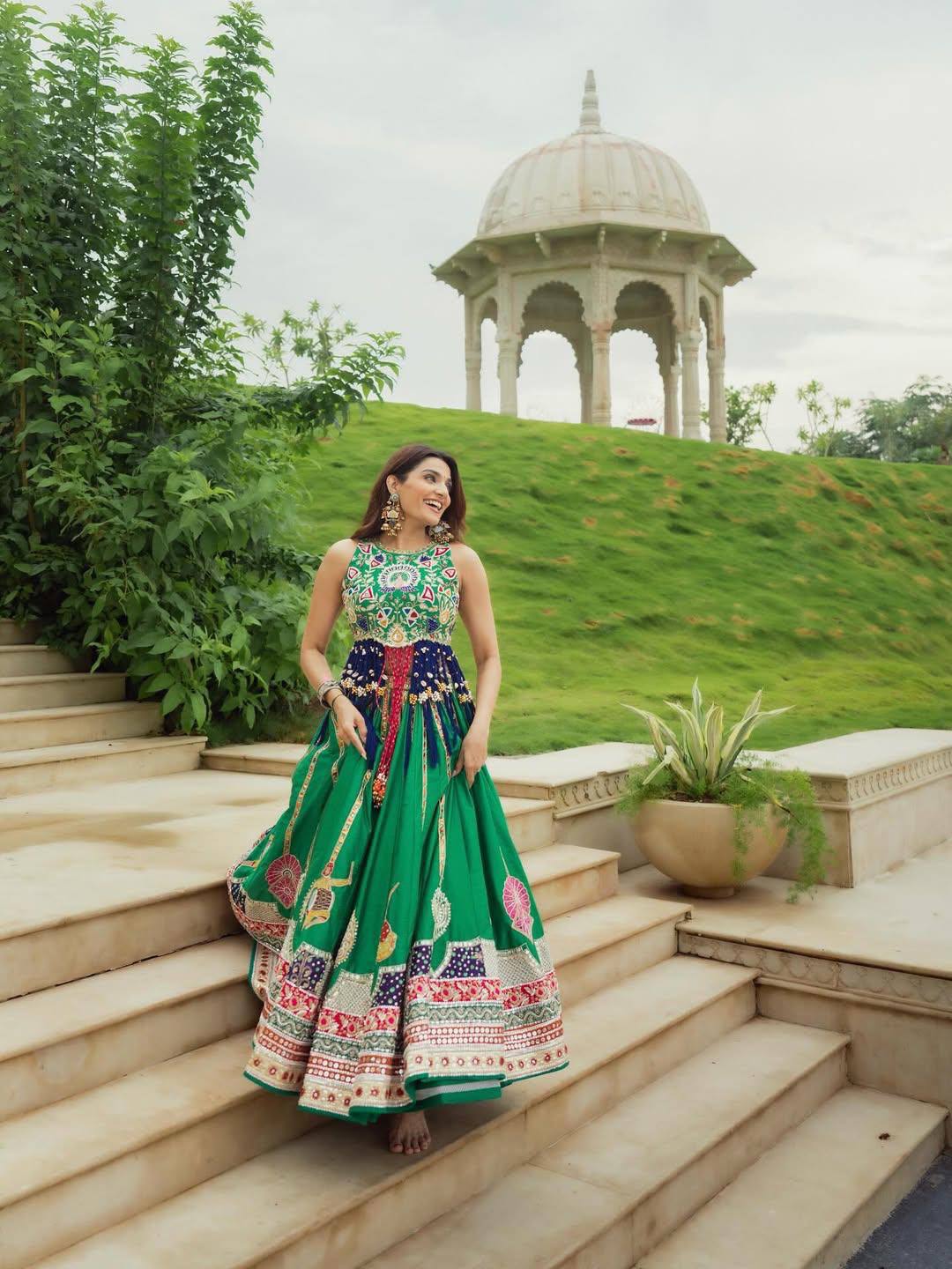 Green Color Digital Printed with Real Mirror  Navratri Lehenga Choli