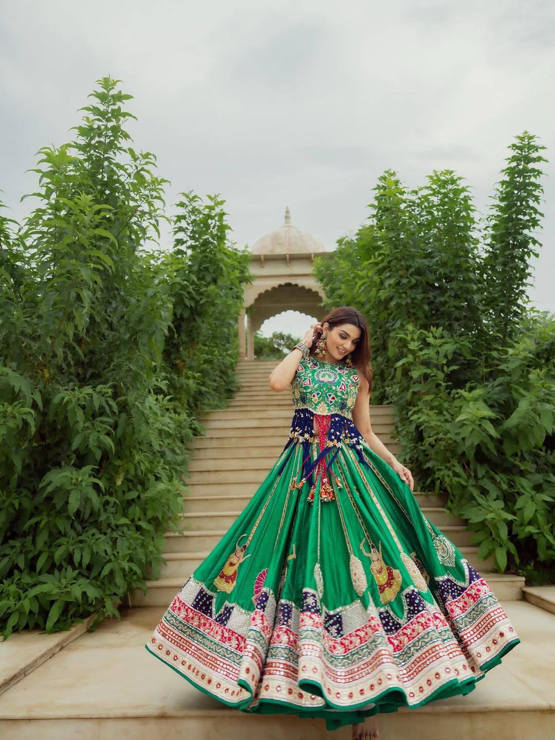 Green Color Digital Printed with Real Mirror  Navratri Lehenga Choli