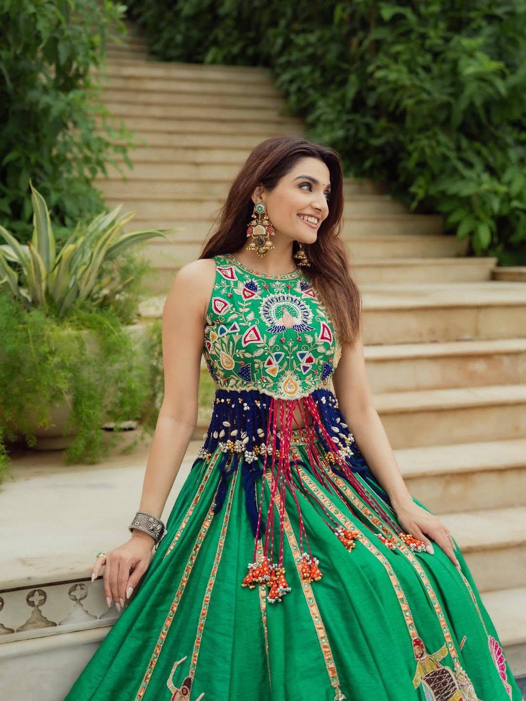 Green Color Digital Printed with Real Mirror  Navratri Lehenga Choli