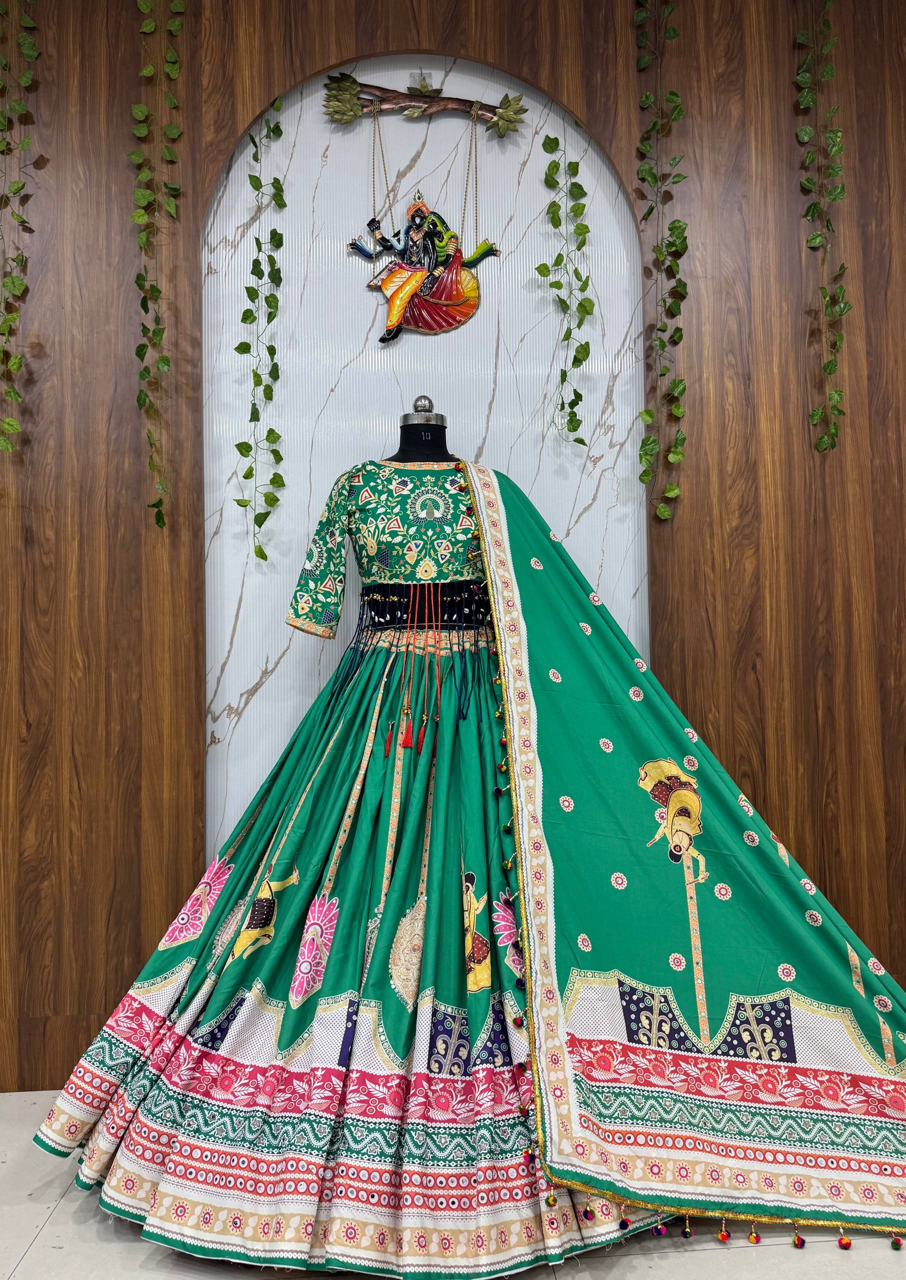 Green Color Digital Printed with Real Mirror  Navratri Lehenga Choli
