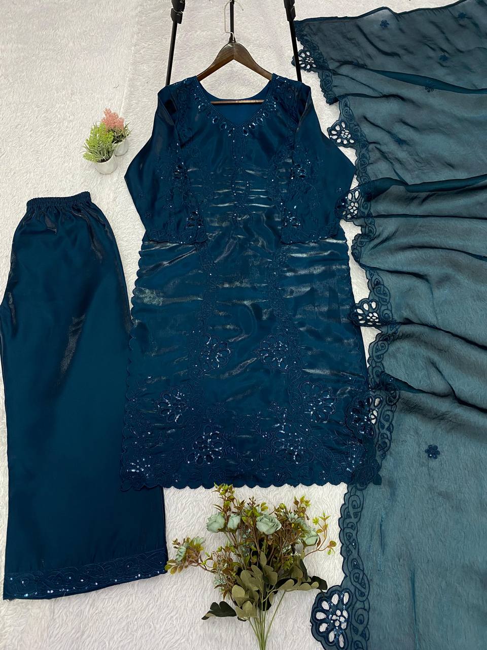 Peacock Blue Floral Embroidered Pakistani 3-Piece Suit
