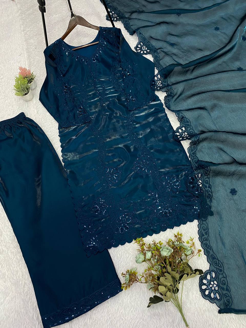Peacock Blue Floral Embroidered Pakistani 3-Piece Suit