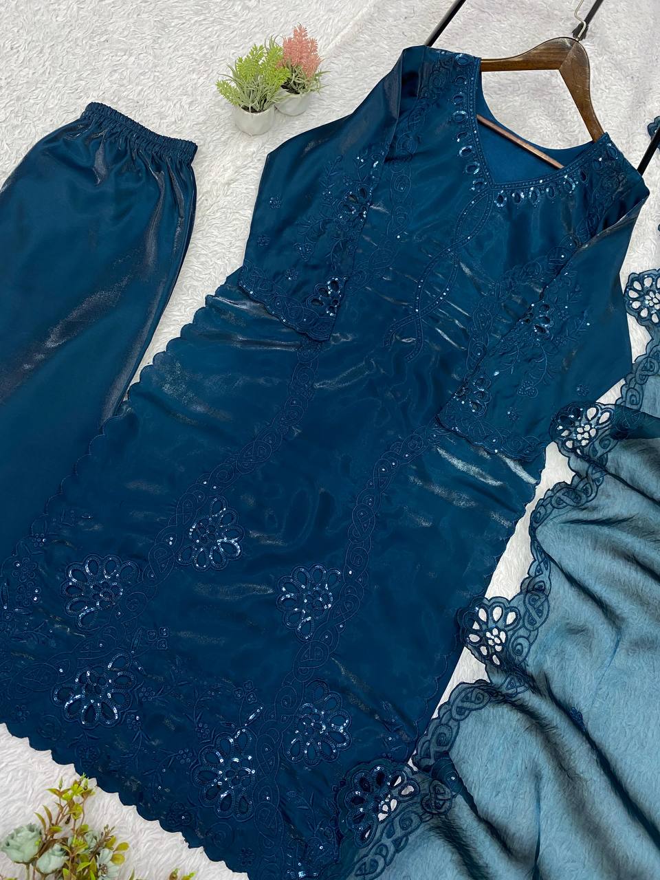 Peacock Blue Floral Embroidered Pakistani 3-Piece Suit