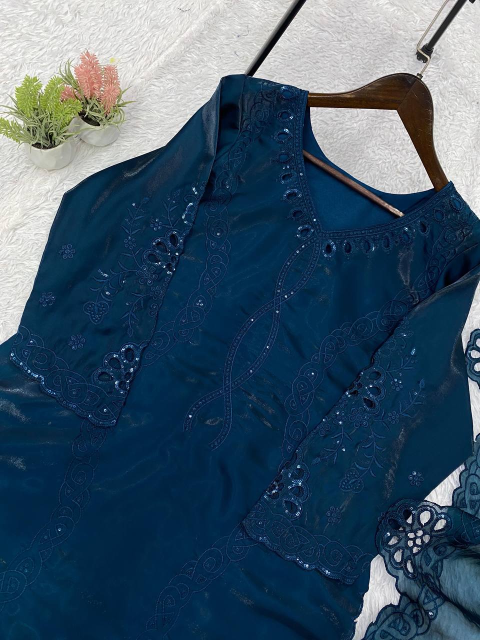 Peacock Blue Floral Embroidered Pakistani 3-Piece Suit