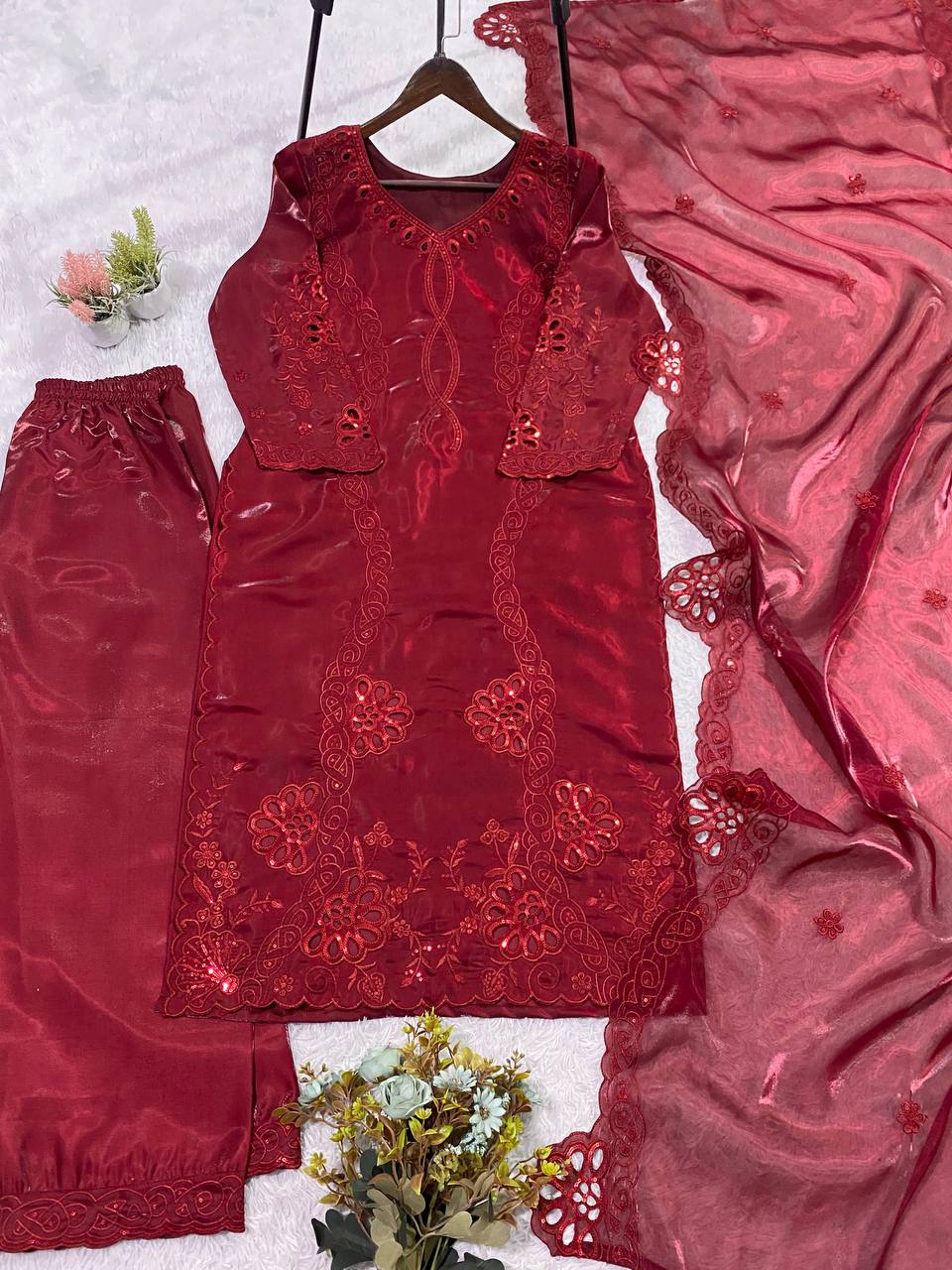 Deep Maroon Floral Embroidered Pakistani 3-Piece Suit