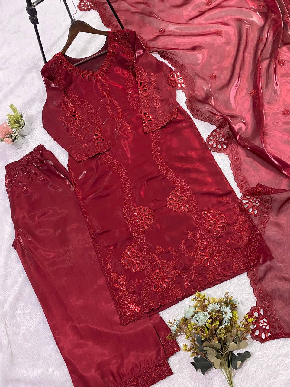 Deep Maroon Floral Embroidered Pakistani 3-Piece Suit