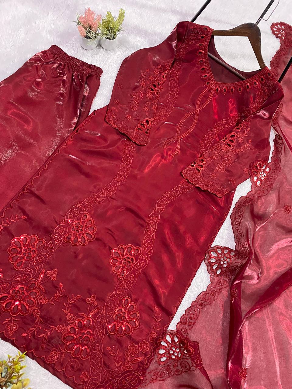Deep Maroon Floral Embroidered Pakistani 3-Piece Suit