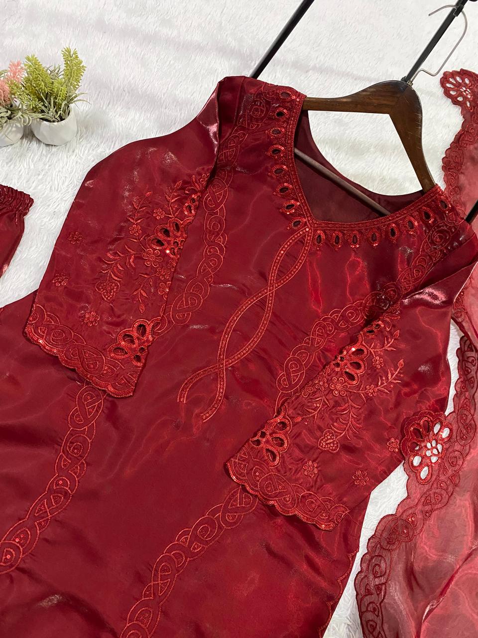 Deep Maroon Floral Embroidered Pakistani 3-Piece Suit