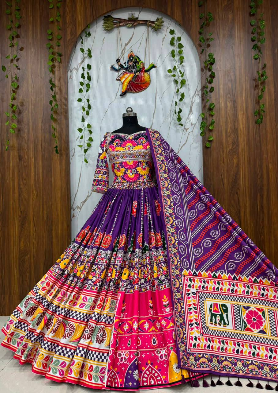 Purple Color Digital Printed with Real Mirror  Navratri Lehenga Choli