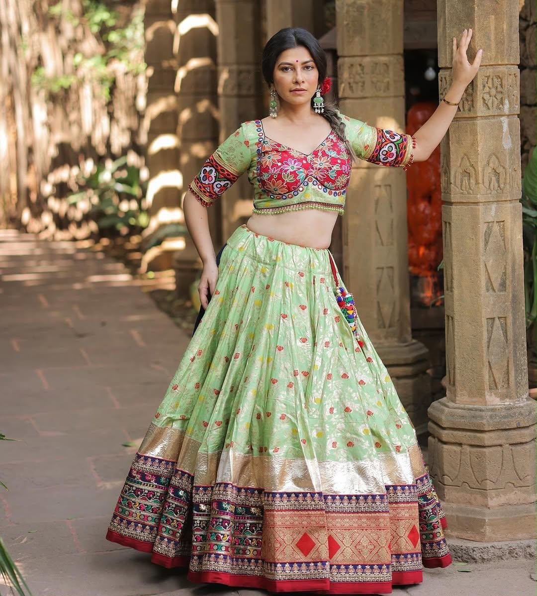 Pista Green Color Digital Printed with Real Mirror  Navratri Lehenga Choli