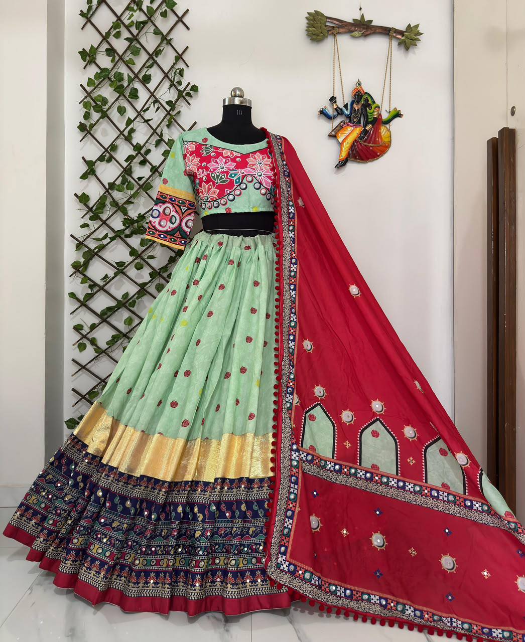 Pista Green Color Digital Printed with Real Mirror  Navratri Lehenga Choli