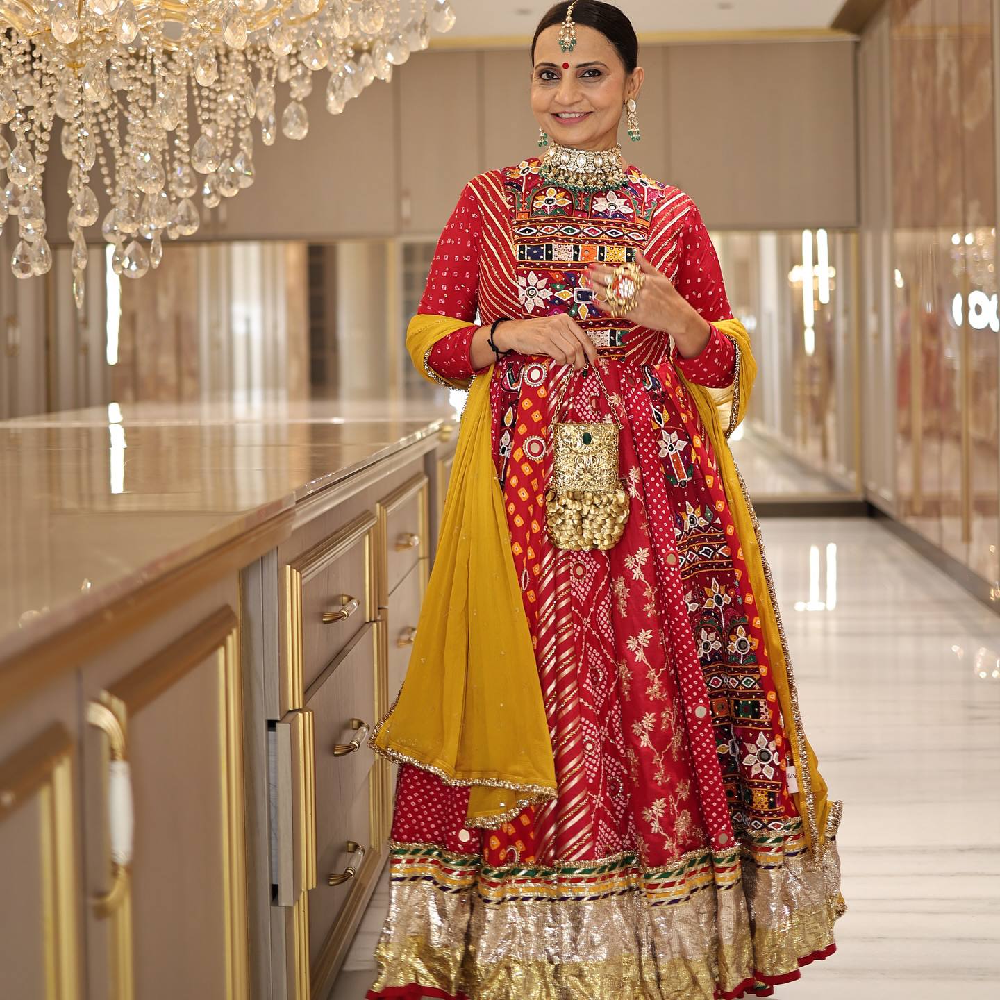 Red Mirror Work Traditional Printed Chaniya Choli