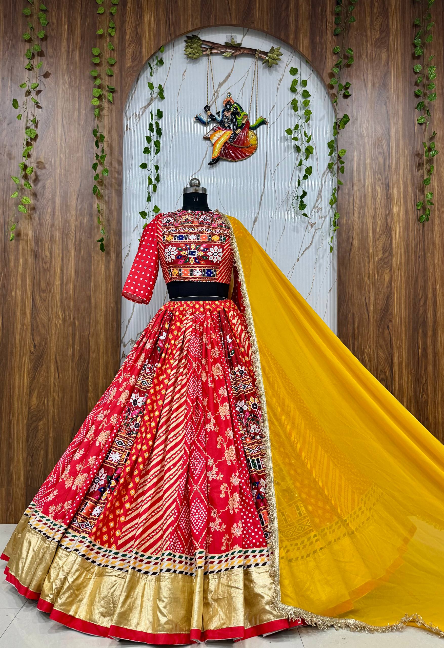 Red Mirror Work Traditional Printed Chaniya Choli