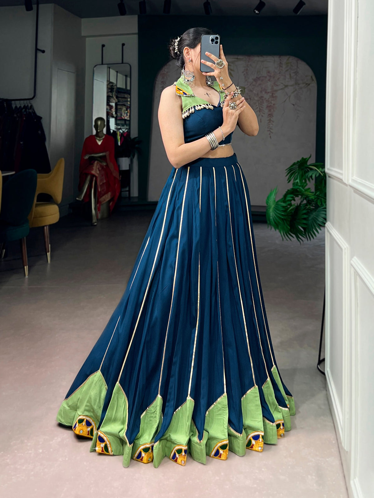 Blue Rayon Gamthi Work Gota Patti Navratri Lehenga Choli