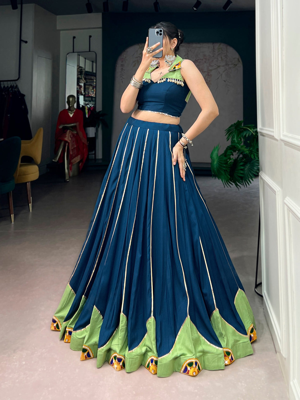 Blue Rayon Gamthi Work Gota Patti Navratri Lehenga Choli