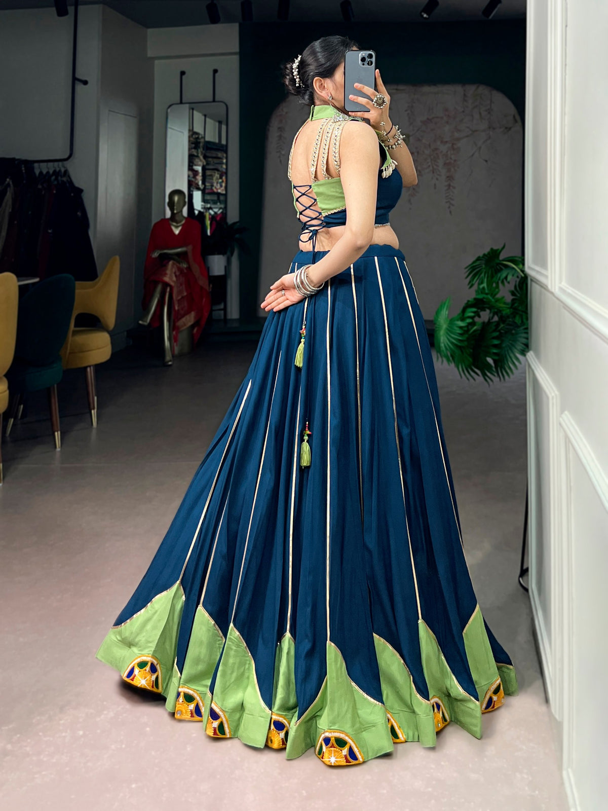 Blue Rayon Gamthi Work Gota Patti Navratri Lehenga Choli