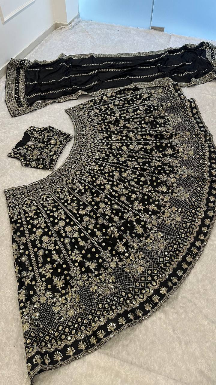 Black & Golden Heavy Sequins Wedding Lehenga Choli