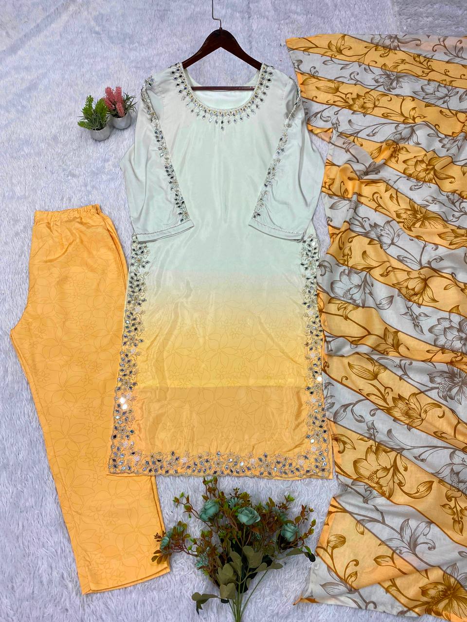 Lemon Ivory & Golden Yellow Ombre Embellished 3-Piece Suit