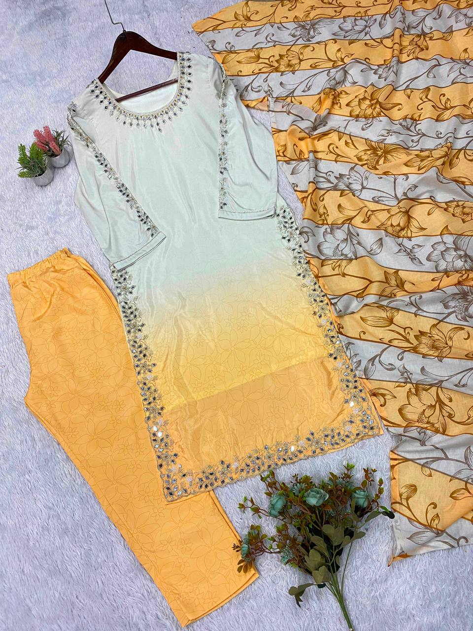 Lemon Ivory & Golden Yellow Ombre Embellished 3-Piece Suit