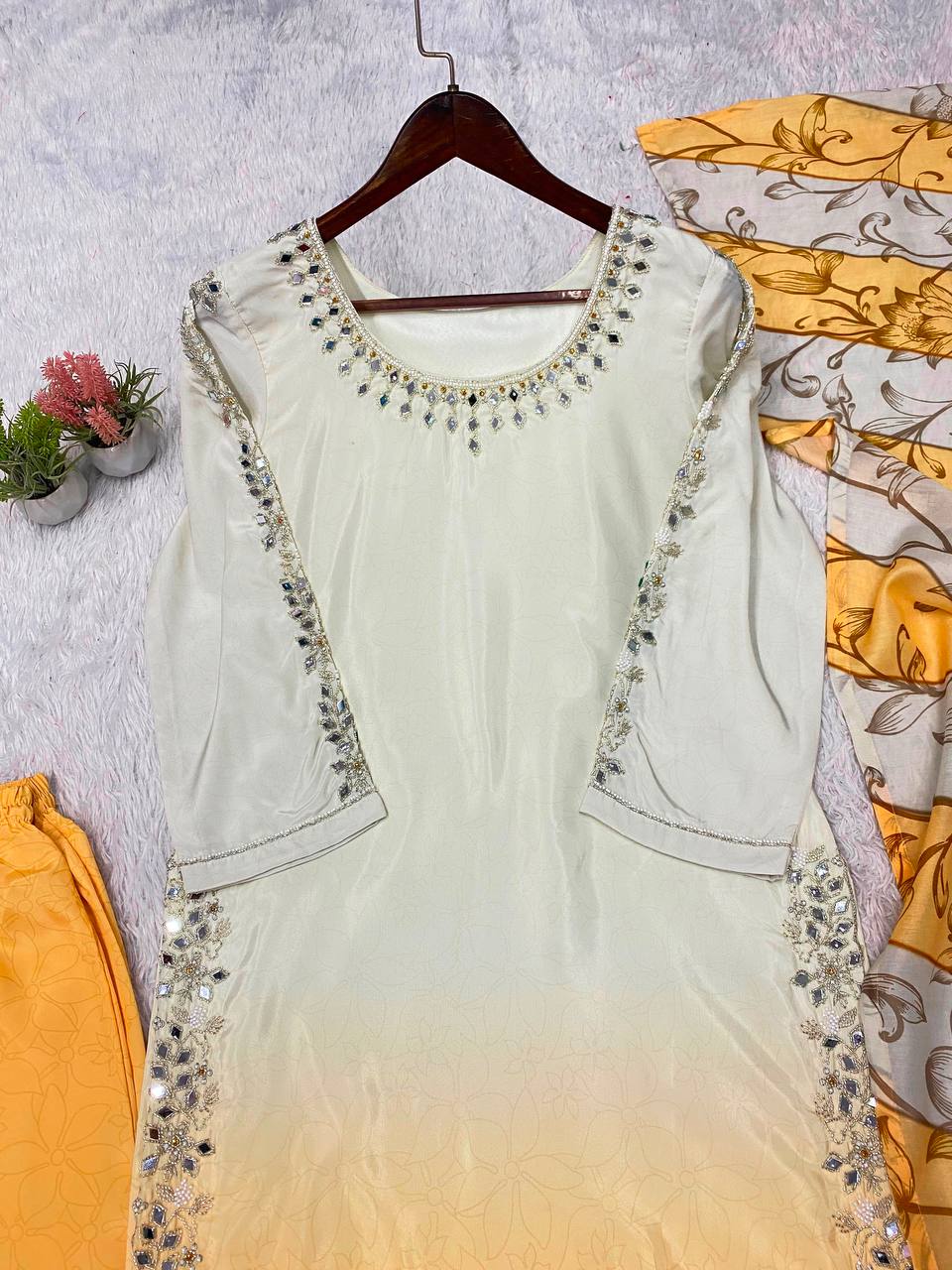 Lemon Ivory & Golden Yellow Ombre Embellished 3-Piece Suit