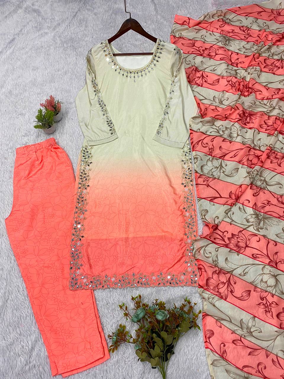 Ivory & Coral Pink Ombre Embellished 3-Piece Suit