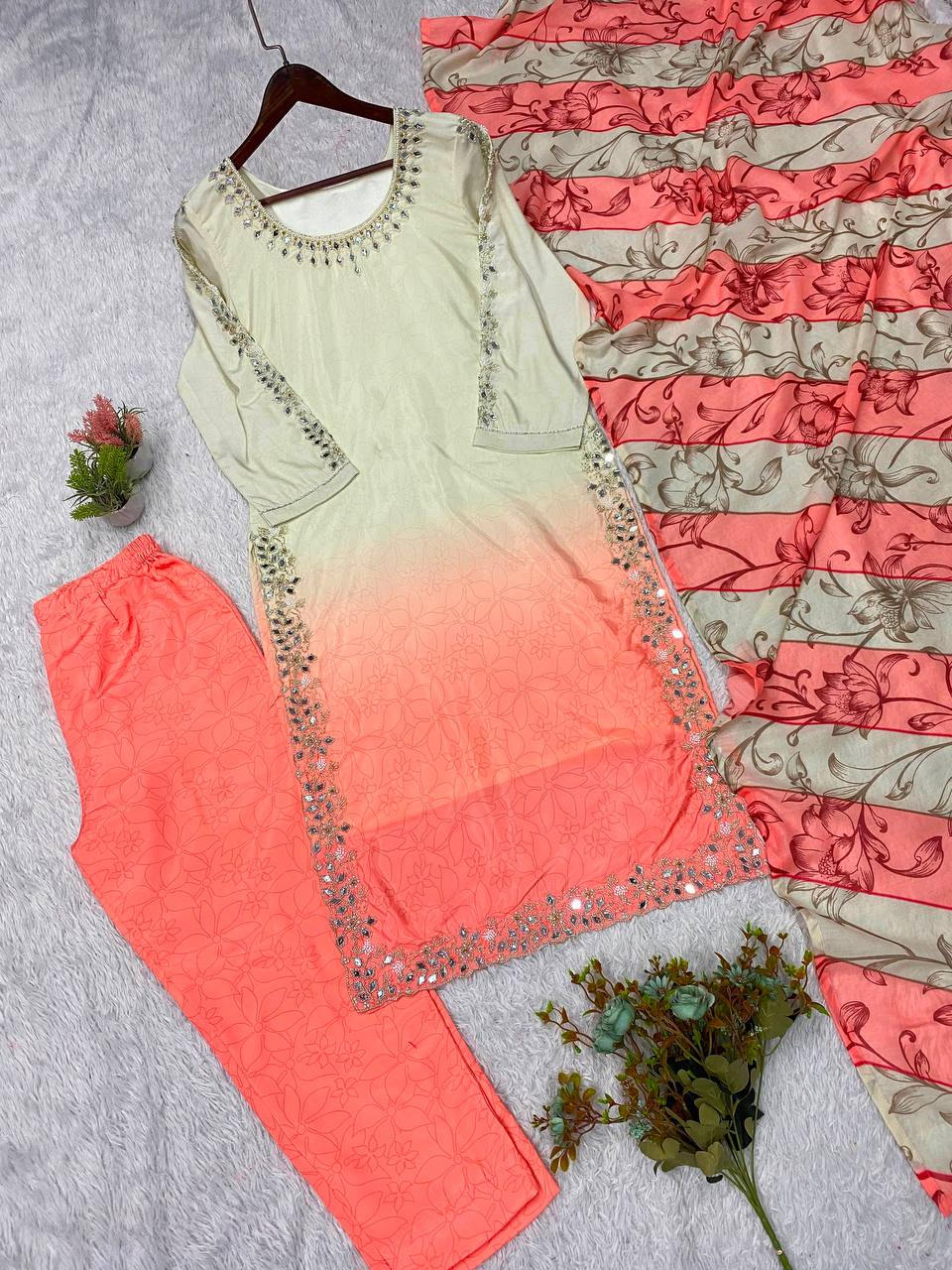 Ivory & Coral Pink Ombre Embellished 3-Piece Suit