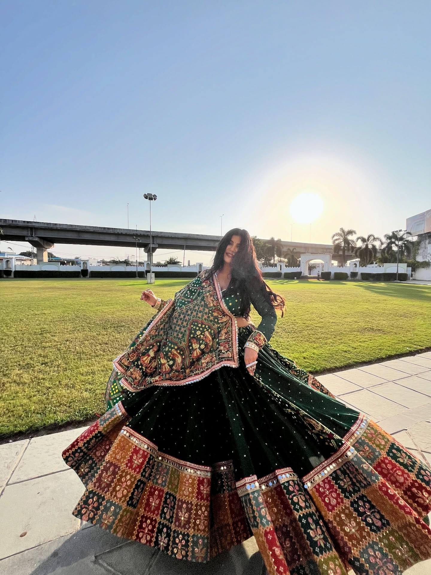 Green Color Digital Printed  with  Real Mirror  Navratri Lehenga Choli