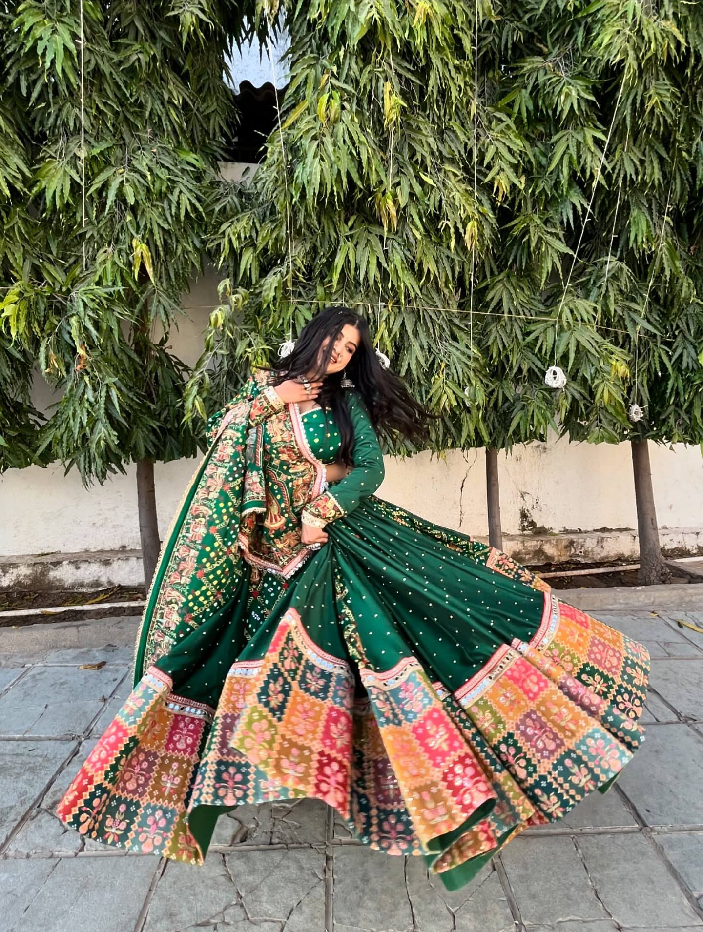 Green Color Digital Printed  with  Real Mirror  Navratri Lehenga Choli
