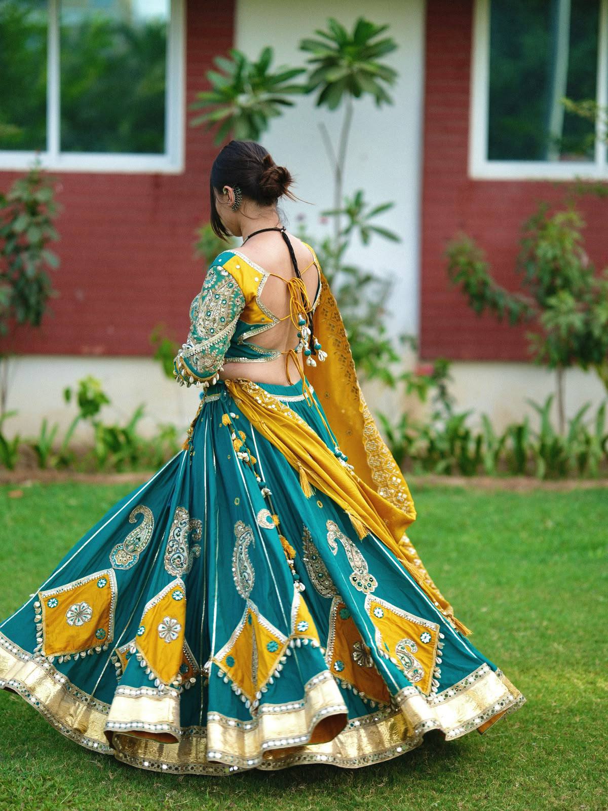 Green Color Navratri Designer Digital Printed Mirror Work Lehenga Set