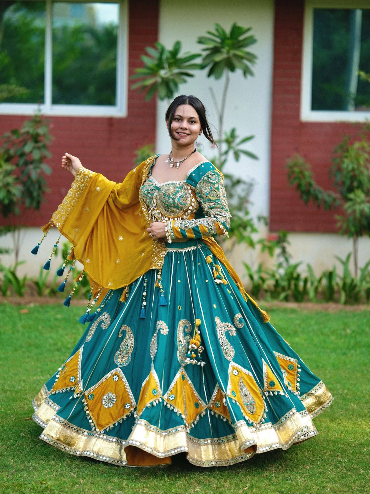Green Color Navratri Designer Digital Printed Mirror Work Lehenga Set