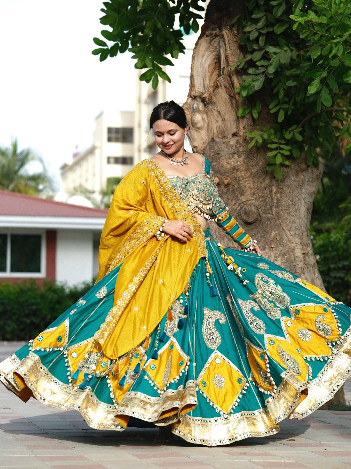 Green Color Navratri Designer Digital Printed Mirror Work Lehenga Set