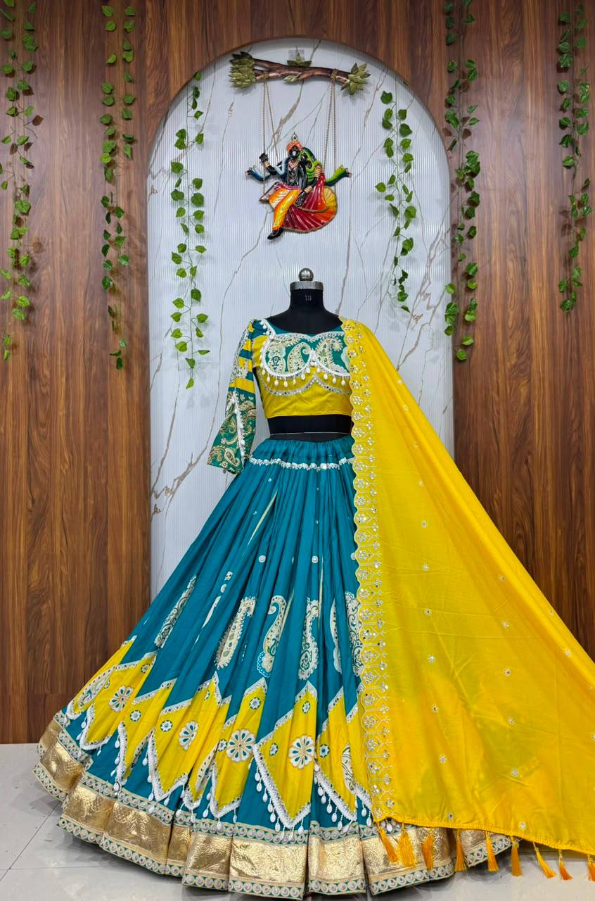 Green Color Navratri Designer Digital Printed Mirror Work Lehenga Set