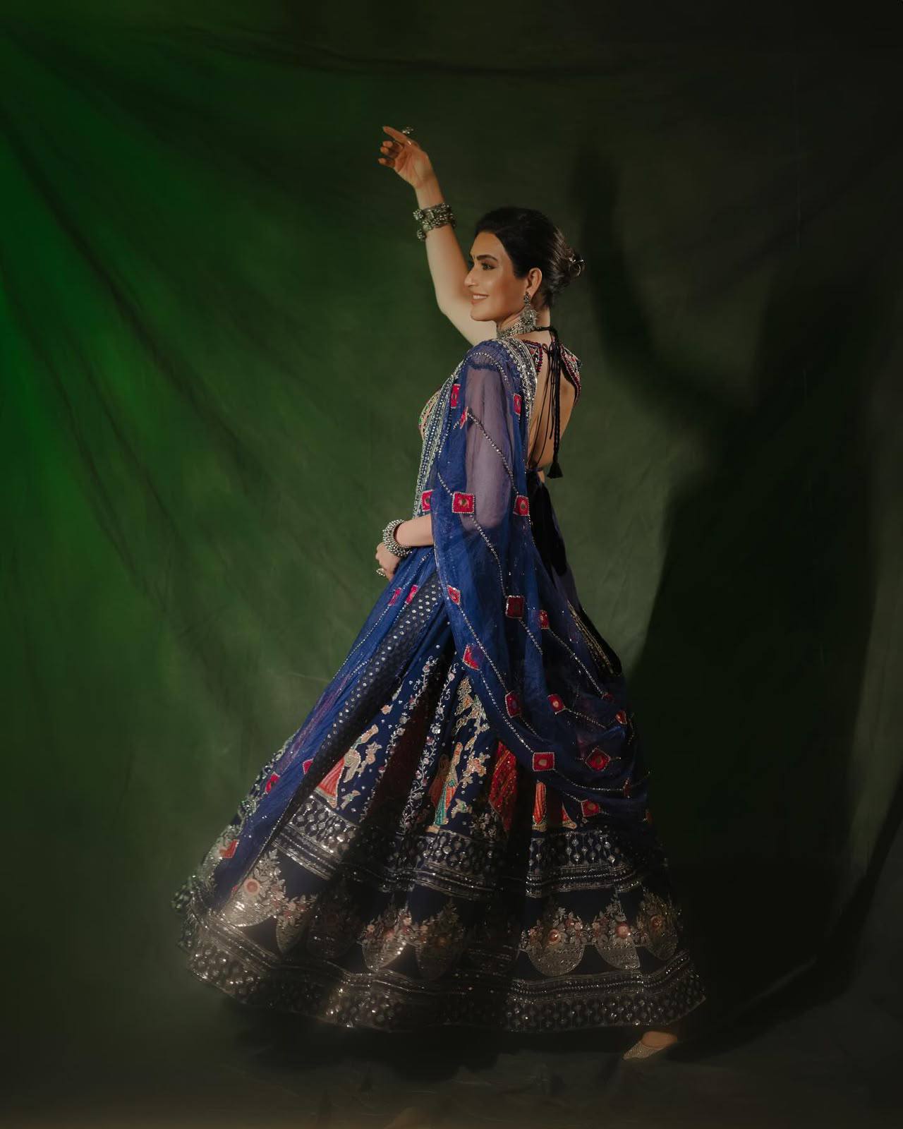 Blue and Red Color Digital Printed Mirror Work Navratri Lehenga Set