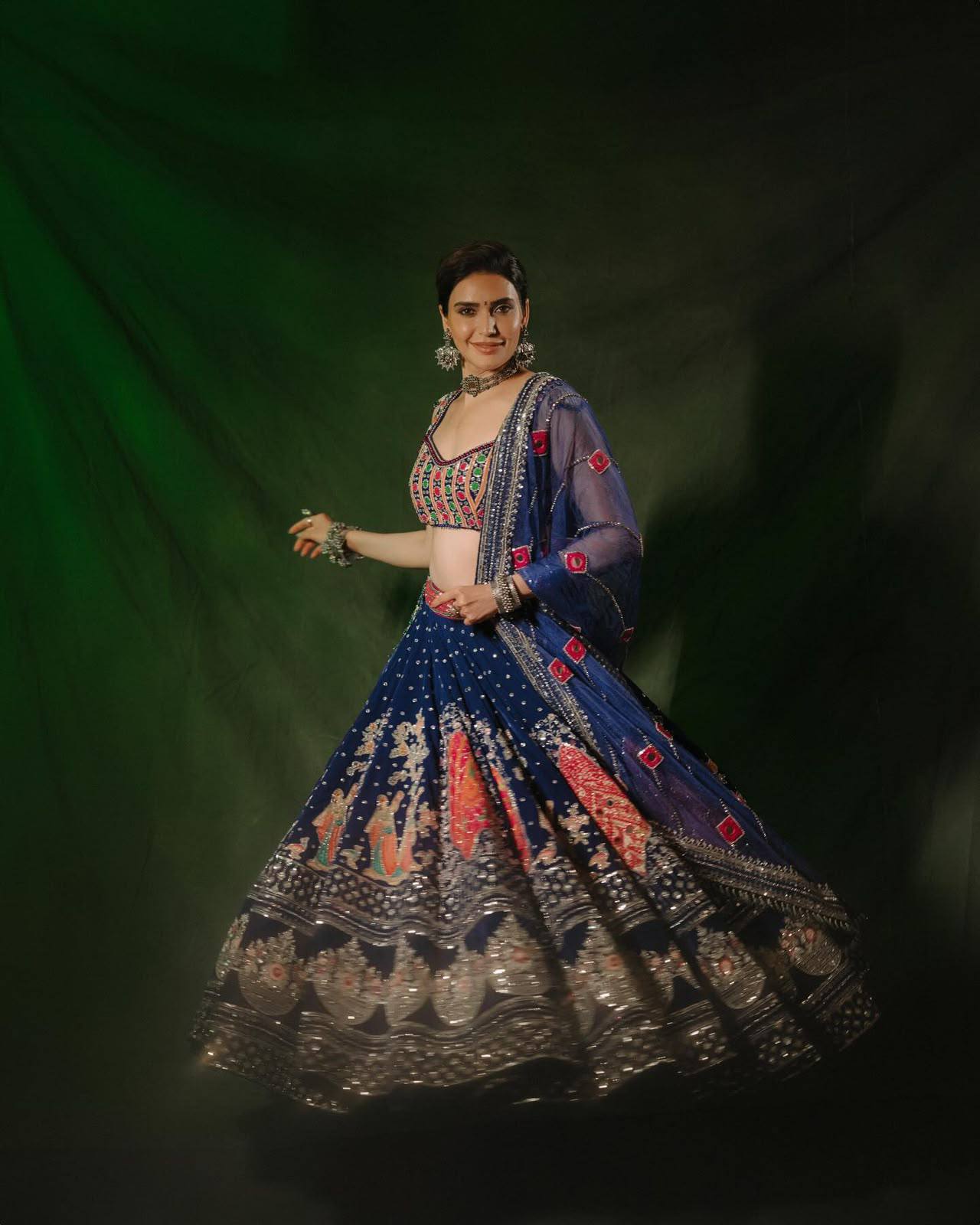 Blue and Red Color Digital Printed Mirror Work Navratri Lehenga Set