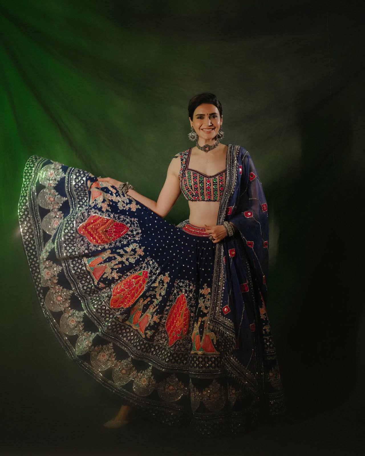 Blue and Red Color Digital Printed Mirror Work Navratri Lehenga Set