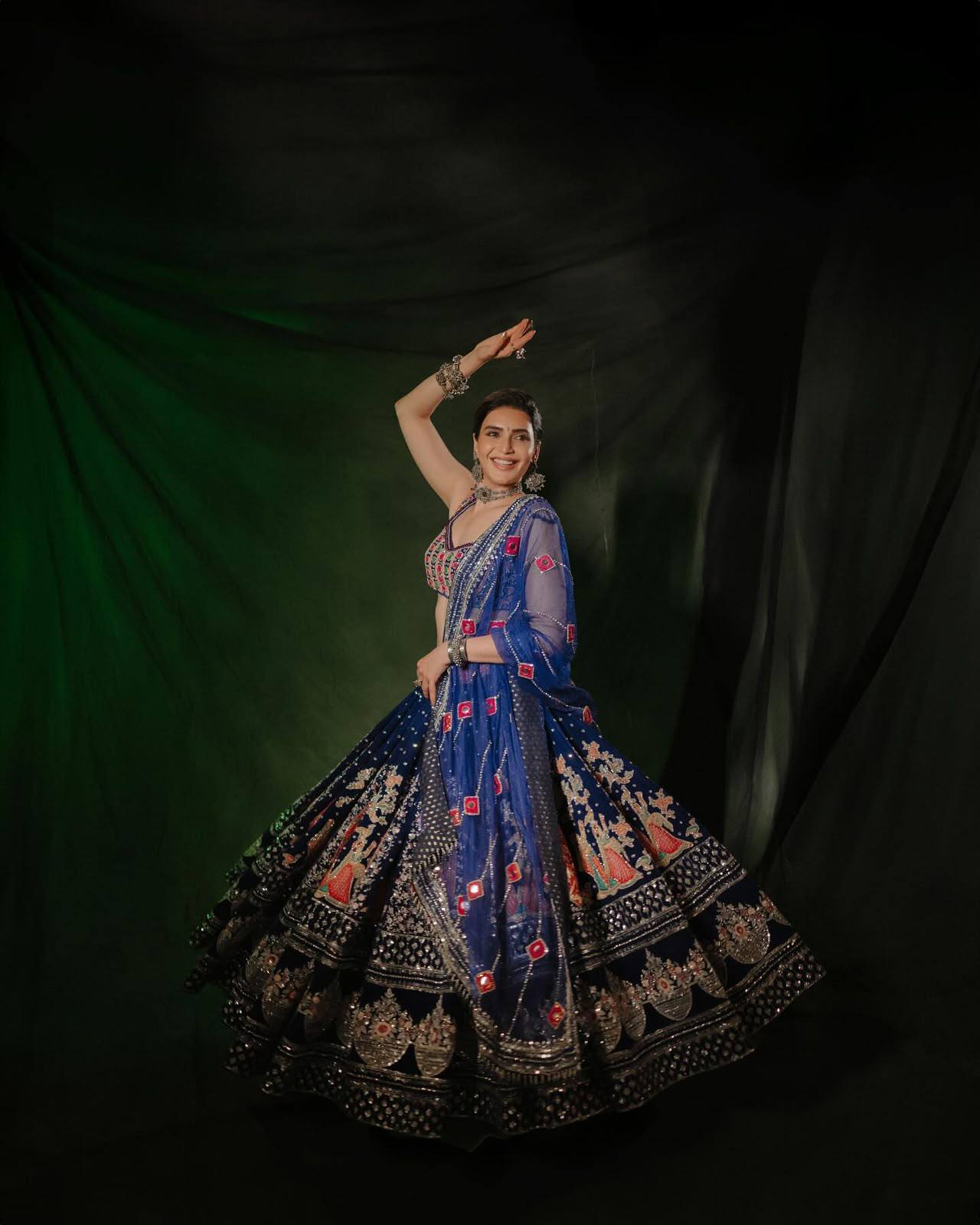 Blue and Red Color Digital Printed Mirror Work Navratri Lehenga Set