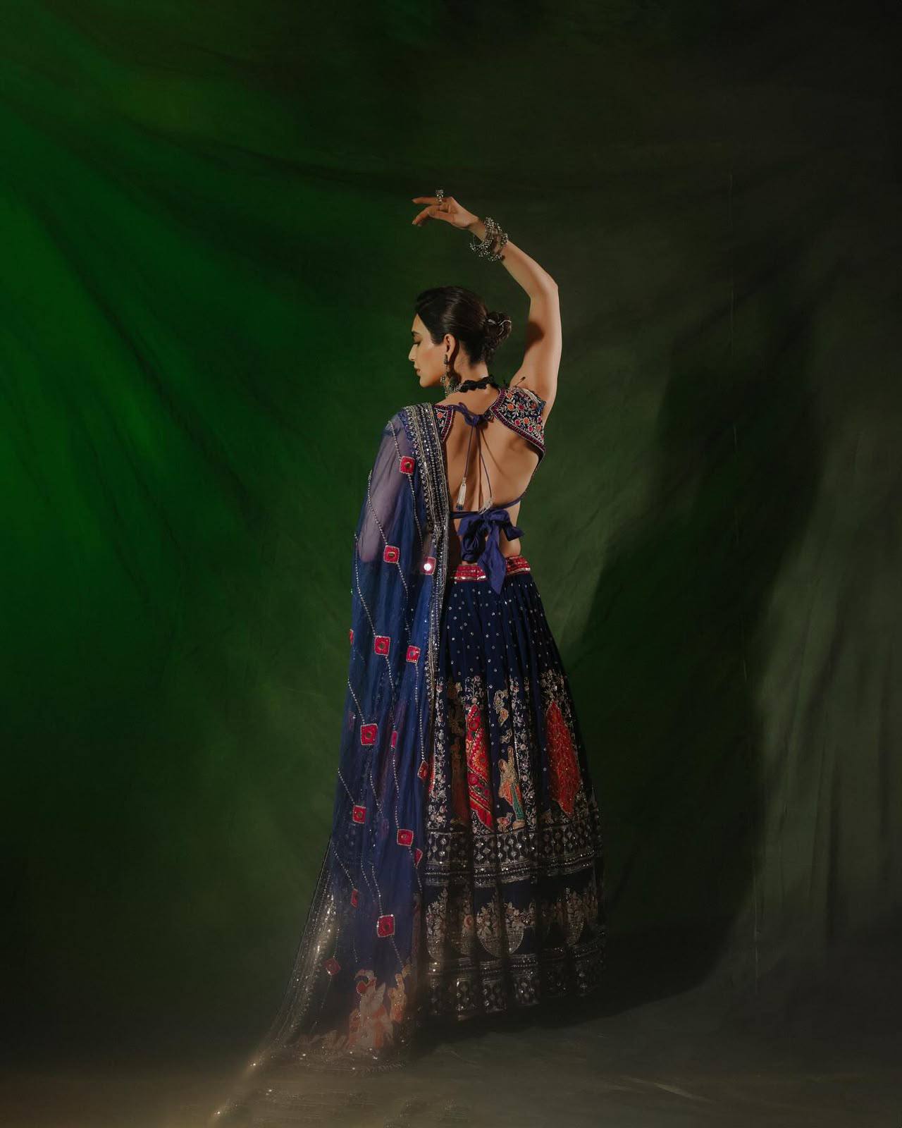 Blue and Red Color Digital Printed Mirror Work Navratri Lehenga Set