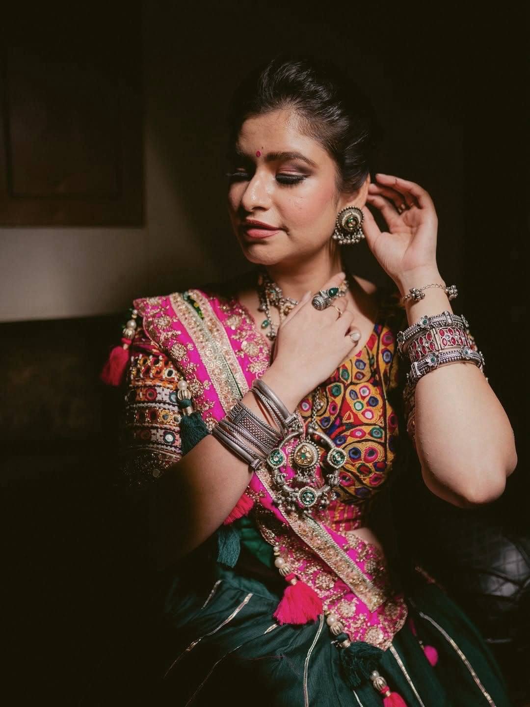 Green Mirror Work Printed Navratri Lehenga Choli